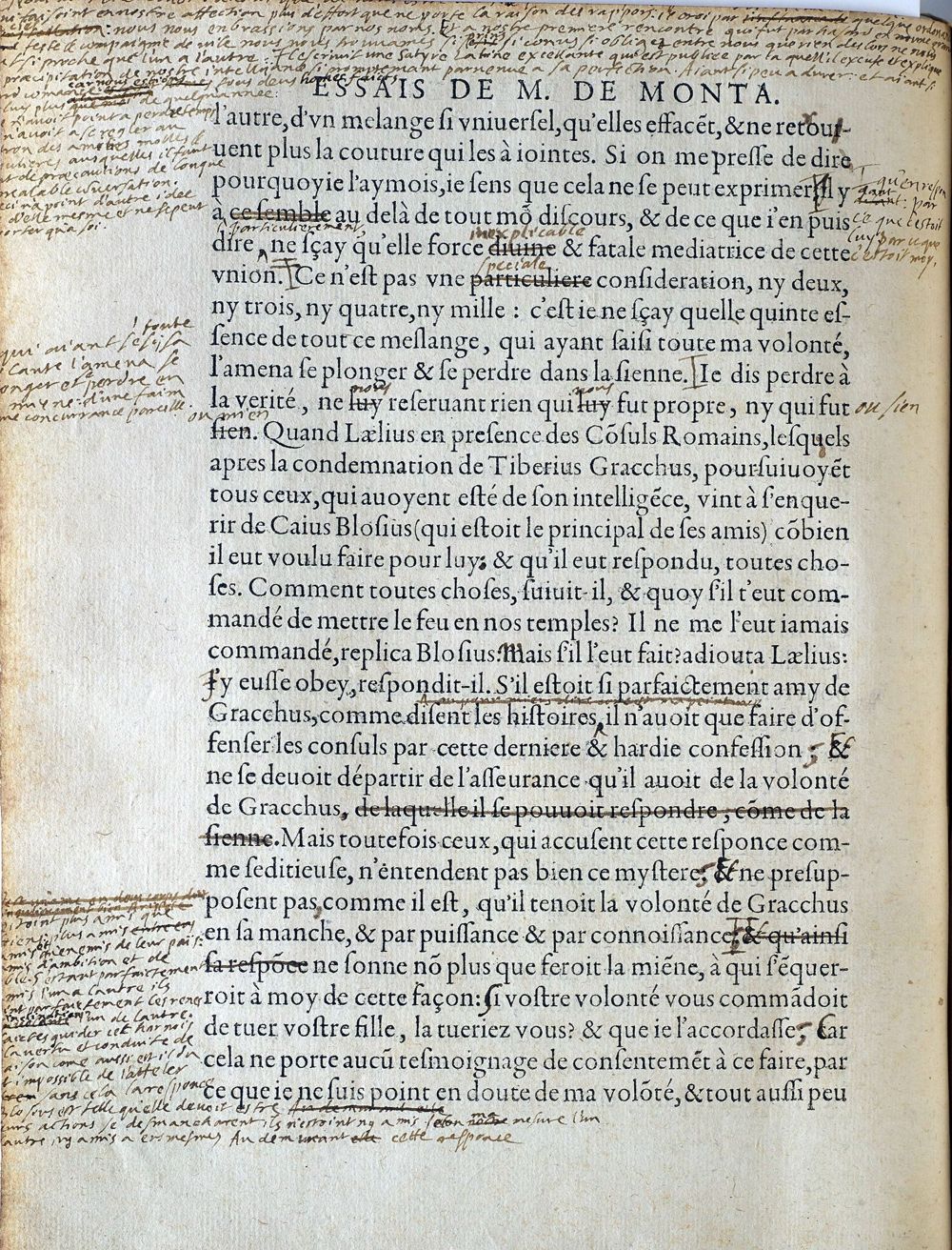 Página de los Ensayos de Montaigne, con sus correcciones y notas escritas a mano en los márgenes
