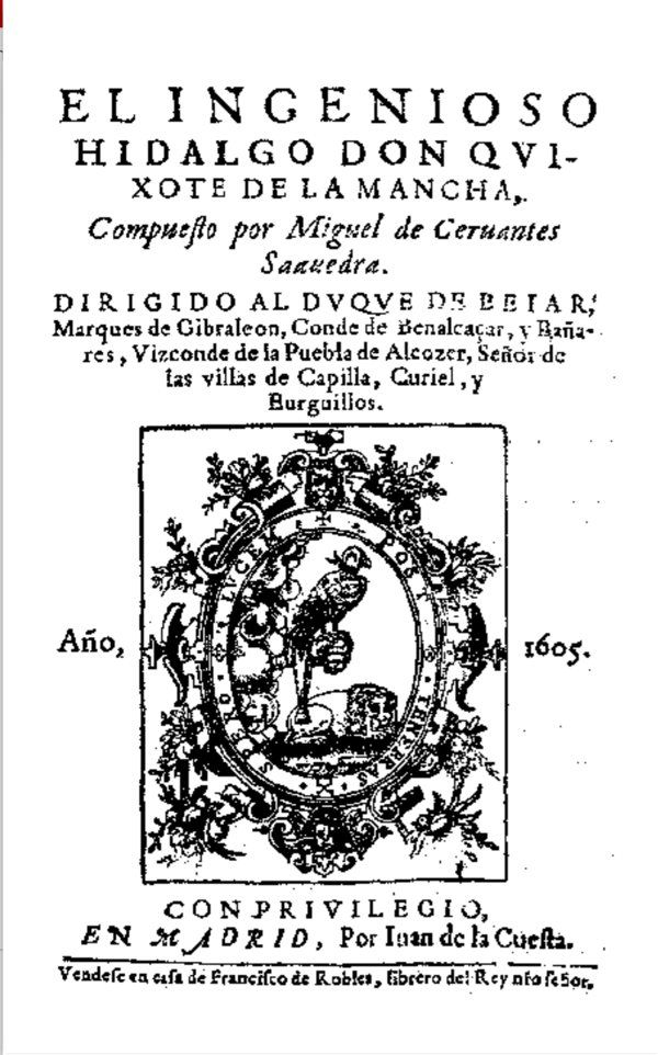 Portada de la primera edición de Don Quijote, 1605